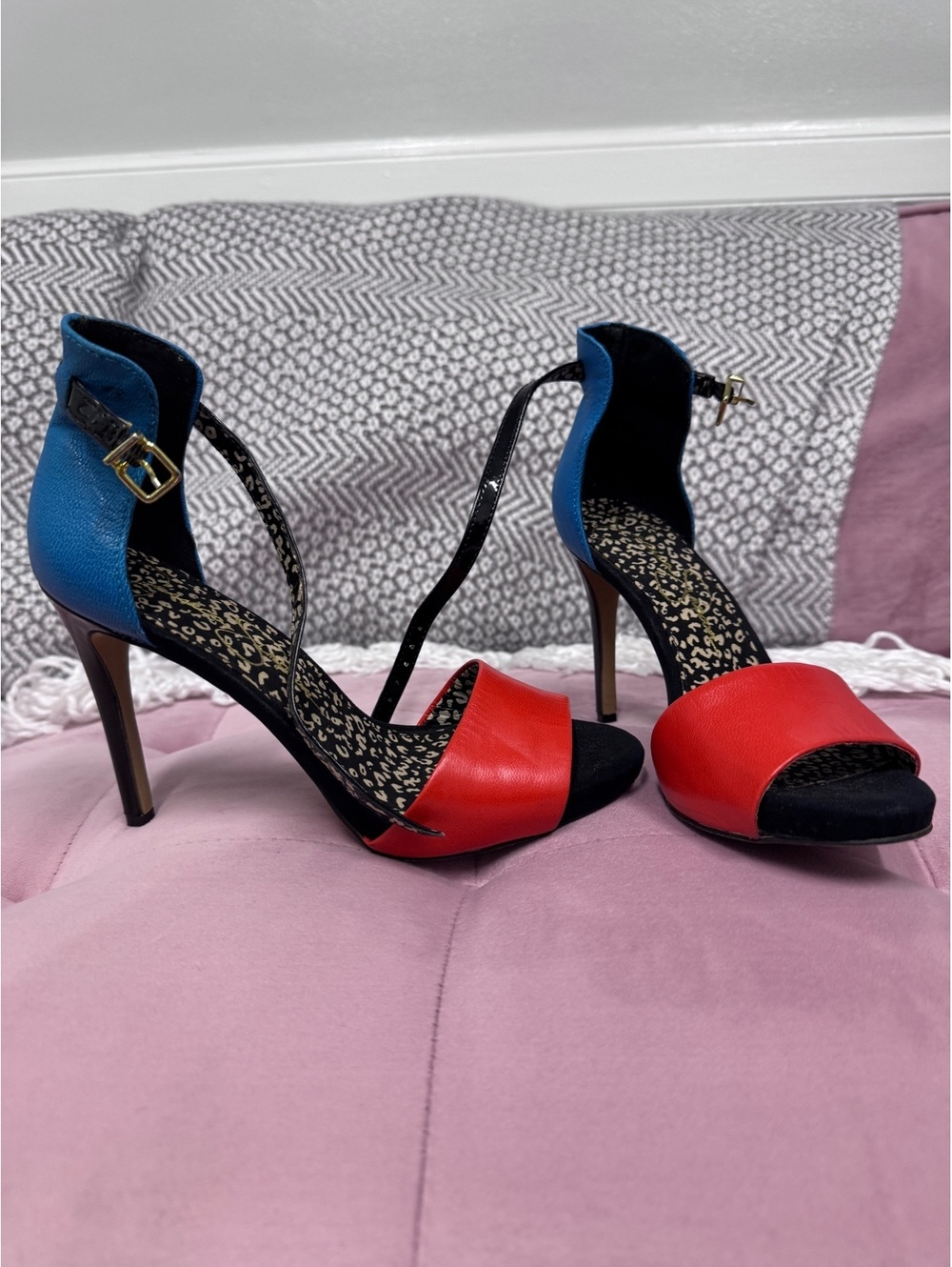 Jessica Simpson Sawana colorblock red and ocean blue t-strap ankle heels